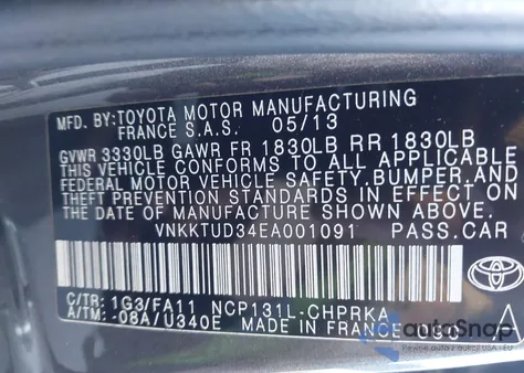 2014 Toyota Yaris Le (Tmmf Plant) from USA, damaged, VIN VNKKTUD34EA001091